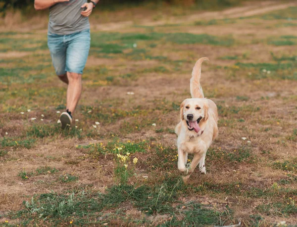 Portret Młodego Mężczyzny Przytulającego Się Psa Golden Retrievera Przyjaźń Zwierzak — Zdjęcie stockowe