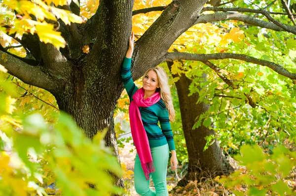 Portret van jonge blonde vrouw in herfst kleur — Stockfoto