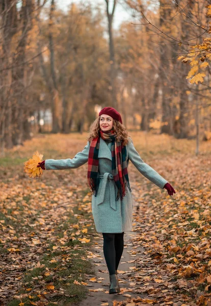 Retrato de chica bonita caminando sobre el fondo hojas amarillas Fotos De Stock