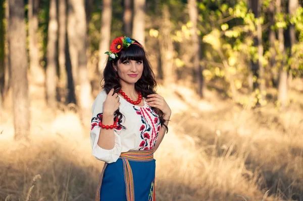 Stående ukrainska kvinna i nationella kläder på fältet vete — Stockfoto