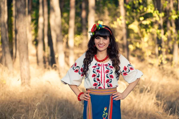 Mulher ucraniana em roupas nacionais no campo de trigo — Fotografia de Stock