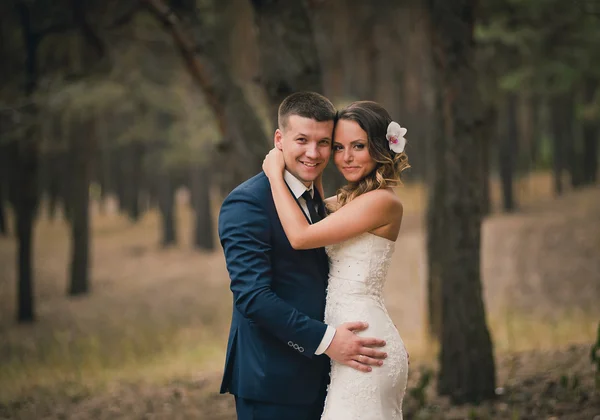 Amar pareja de boda al aire libre sonrisa a la cámara. Novia y gr —  Fotos de Stock