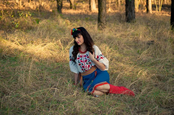 Jovem mulher em roupas ucranianas nacionais no campo de trigo — Fotografia de Stock