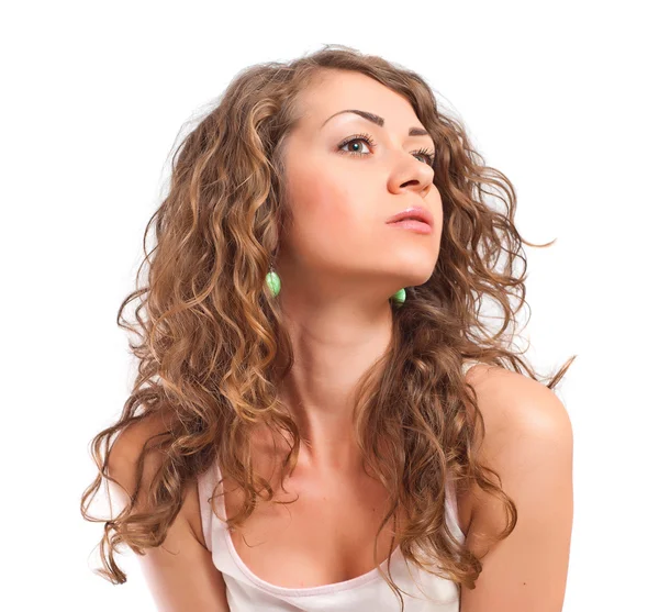 Pretty curly young woman on white background — Stock Photo, Image