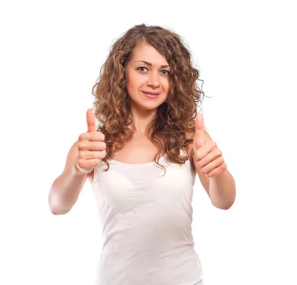 Curly young woman showing thumbs up gesture — Stock Photo, Image