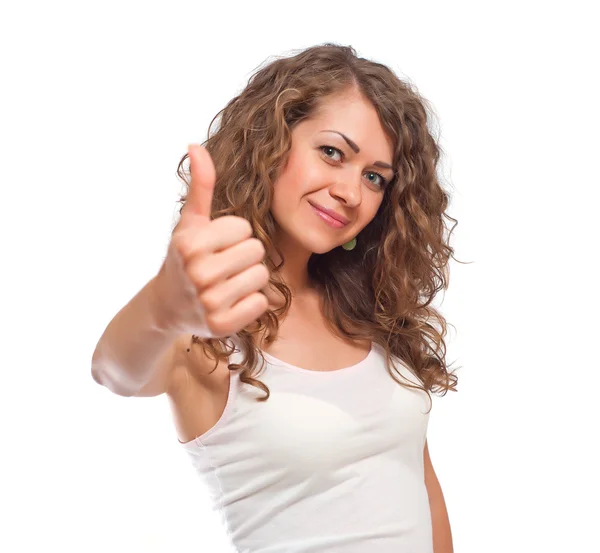 Curly young woman showing thumbs up gesture — Stock Photo, Image