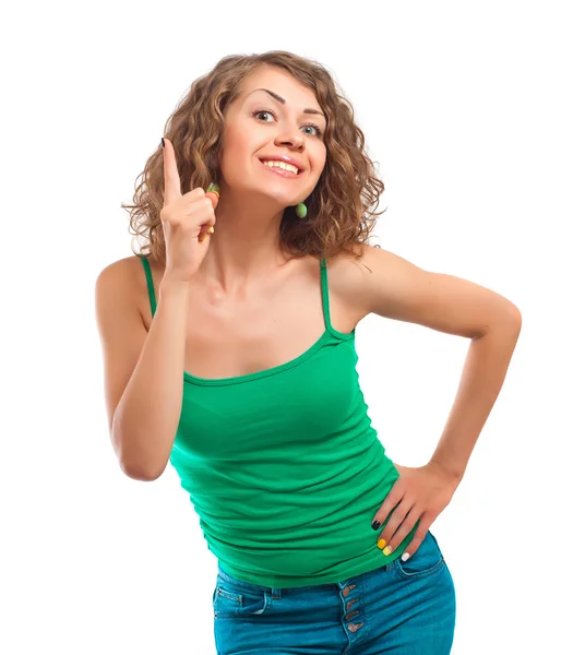 Beautiful curly girl pointing above isolated — Stock Photo, Image