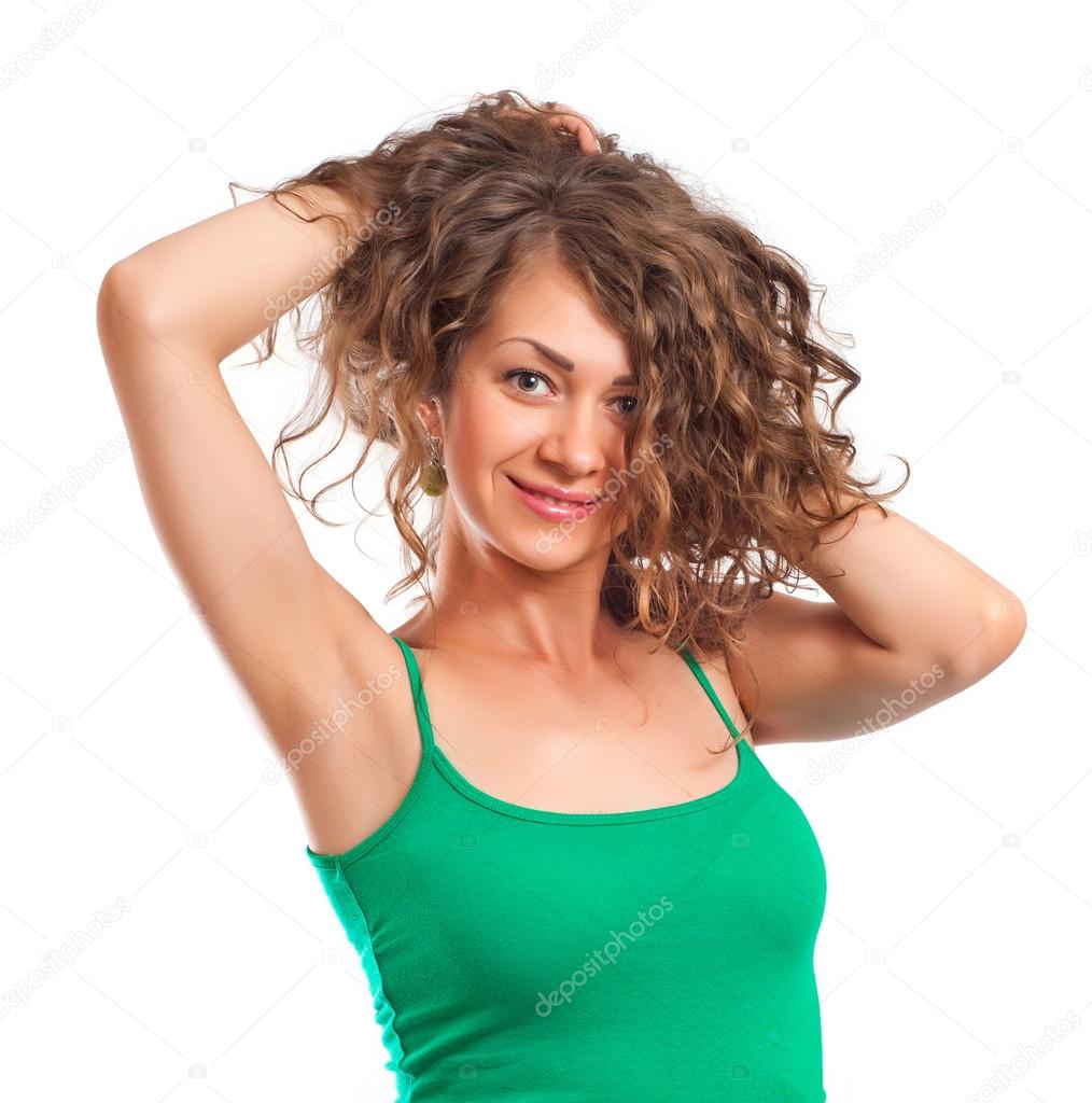Curly young woman smile isolated