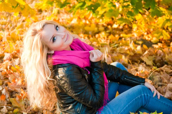 Красива дівчина позує з осіннім листям в парку — стокове фото
