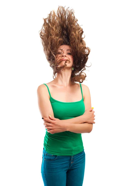 Portrait of attractive smiling woman with curly hair isolated — Stock Photo, Image