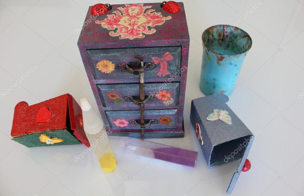 A Handmade Mini Chest Of Three Drawers Decoupaged With Floral