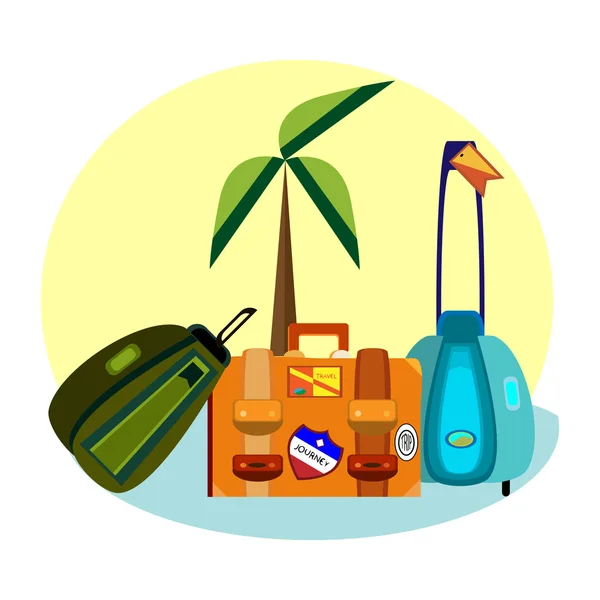 Vektorillustration von drei verschiedenen Koffern mit Reiseetiketten, mit tropischem Hintergrund — Stockvektor