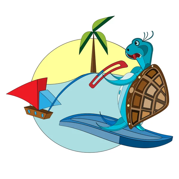 Vektor-Illustration einer lustigen, surfenden Schildkröte auf tropischem Hintergrund — Stockvektor