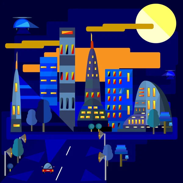 Nuit ville plat design — Image vectorielle
