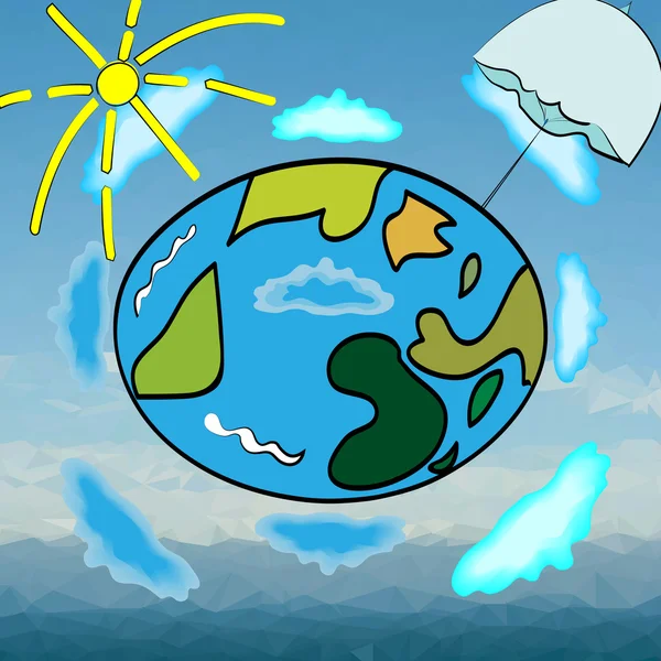 A Föld bolygó körül felhők, a nap és az esernyő, időjárás hirdetés fedezetet vektoros illusztráció — Stock Vector