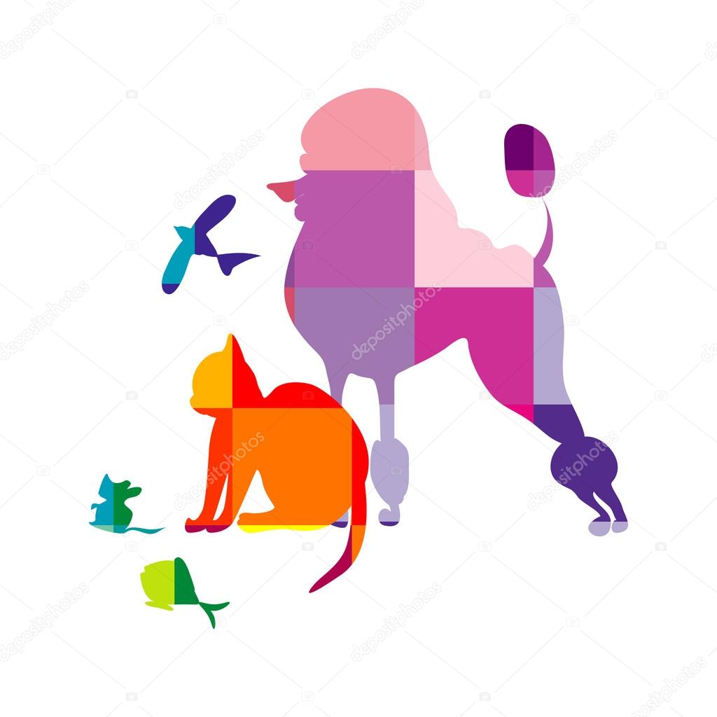 A schematical, multy-colored vector illustration of a dog, a cat, a mouse, a bird and a fish