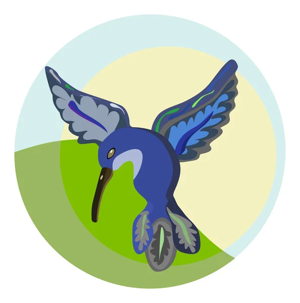 Vektor-Illustration eines blauen, fliegenden Kolibris mit Naturszene dahinter — Stockvektor