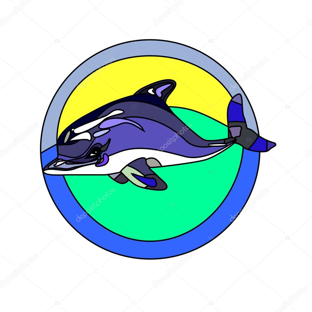 A vector illustration of a marine logo with outlined dolphin and seaside
