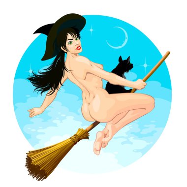 Halloween - Young witch flying on a broomstick with cat