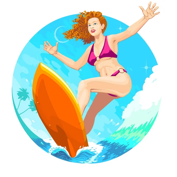 Szörfös lány csúszik az óceán hullámain — Stock Vector