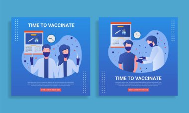 Aşı konsepti tasarımı. Afişi aşılama zamanı, sosyal medya instagram paylaşımı. COVID-19 aşısı olan şırınga, grip ya da grip