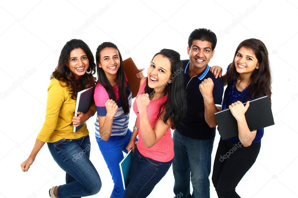 Happy smiling portrait of Young Asian group of people looking at camera, smiling and celebrating. Isolated on white background.