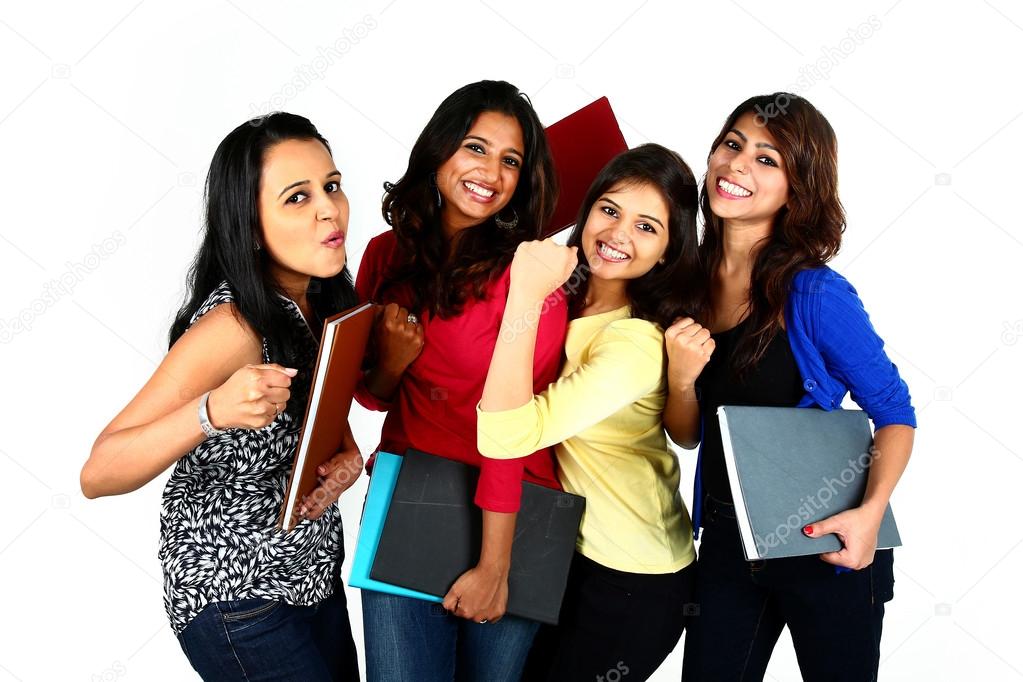 Group of smiling female students, isolated on white background.