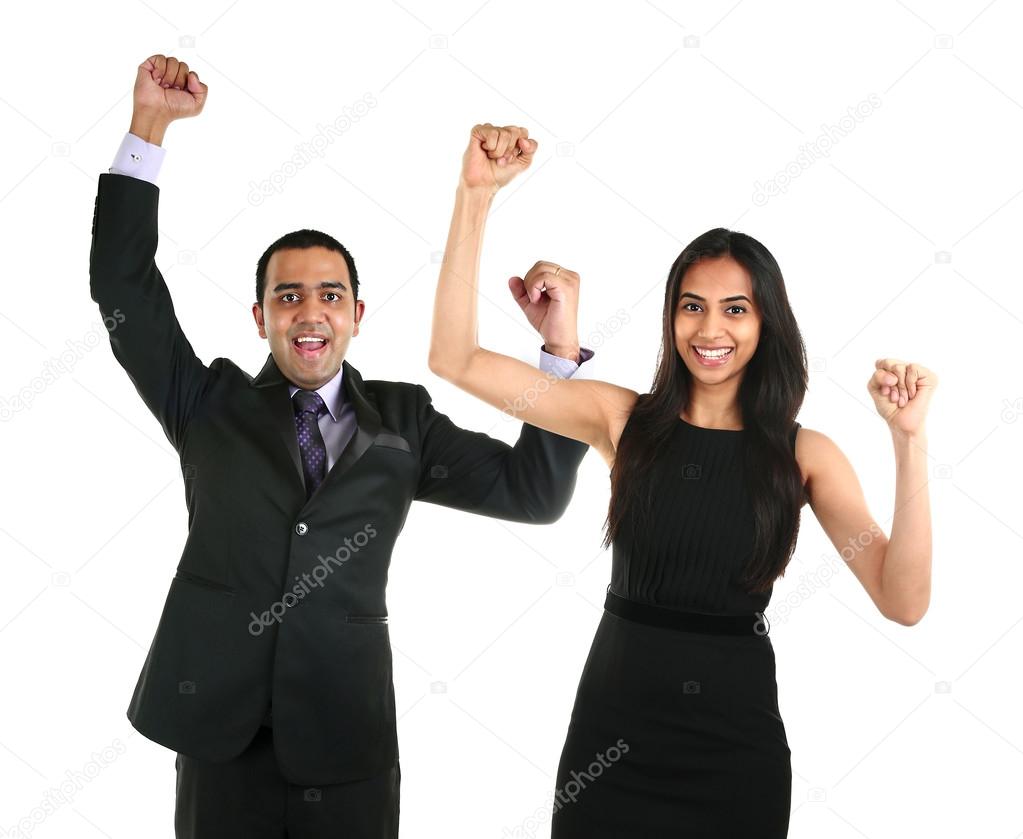 Asian businessman and business woman celebrating a triumph.