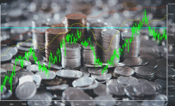 The silver bar chart behind the world economic investment ideas and the candlestick chart in the stock exchange showing economic growth and coin growth, business finance ideas