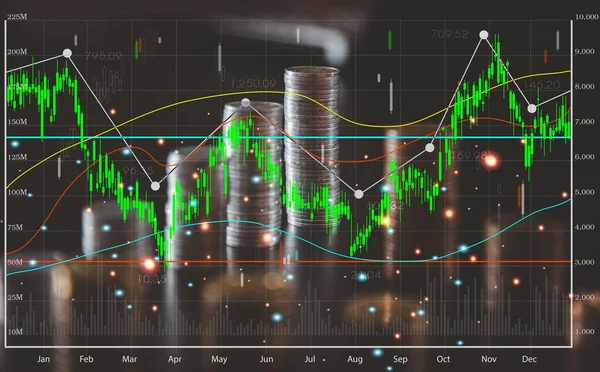 The world's economic investments and stock market candles represent economic and financial growth for a growing business. Sales data analysis and economic growth graph