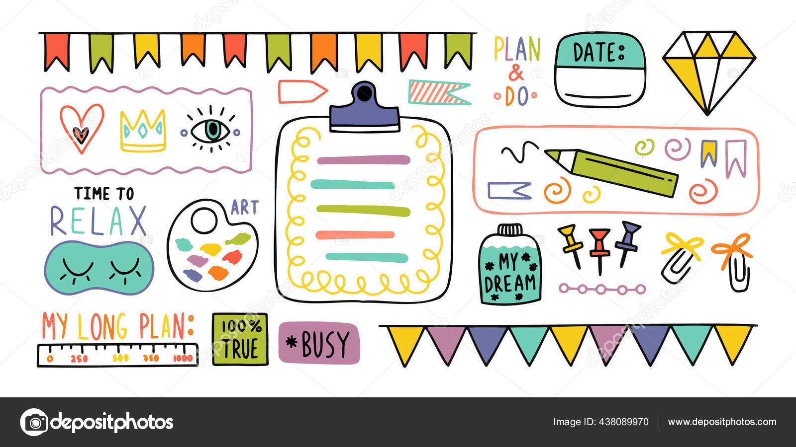 Bullet journal, doodle diary elements or page stickers and vector