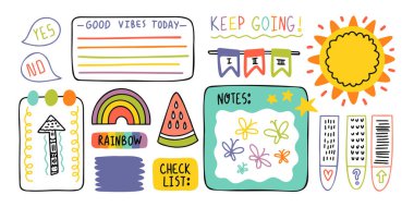 Günlük, sevimli notalar. El çizimi karalamalar kurşun günlük afişleri.