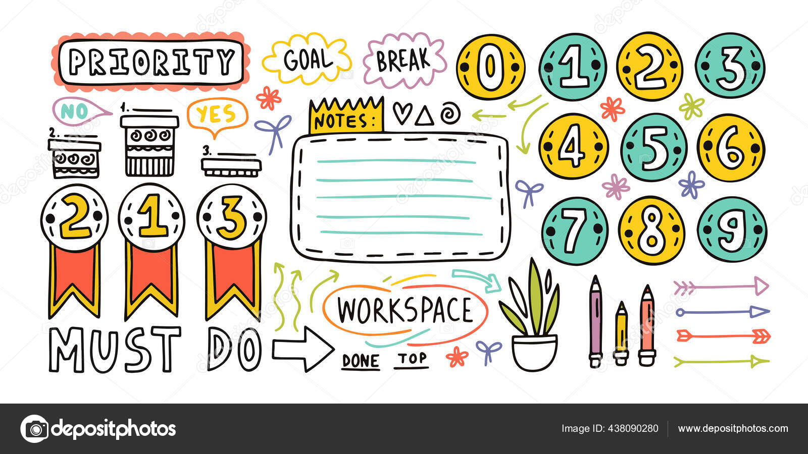 Bullet journal, doodle diary elements or page stickers and vector, agenda  bullet 