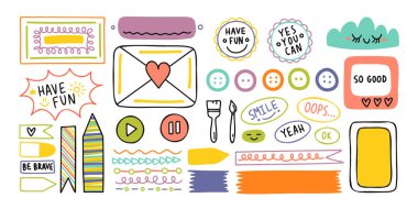 Günlük, sevimli notalar. El çizimi karalamalar kurşun günlük afişleri.