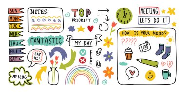 Günlük, sevimli notalar. El çizimi karalamalar kurşun günlük afişleri.