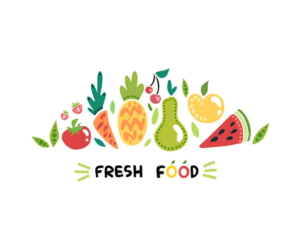 Fruta. Iconos simples de comida en la forma. Círculo. Comida fresca diferente. Conjunto — Vector de stock