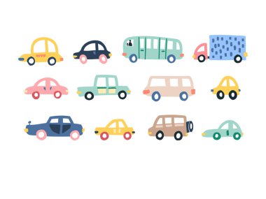 Çocuk çizgi filmi çizimleri şirin arabaları renklendiriyor. Oğlanlar için kreş pastası. Ayarla.