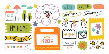 Günlük, sevimli günlük, sınır elementleri. Not simgesi, okul için etiket