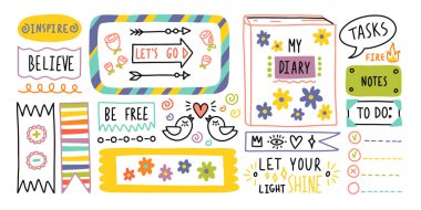 Günlük, sevimli günlük, sınır elementleri. Not simgesi, okul için etiket