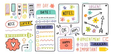 Günlük, sevimli günlük, sınır elementleri. Not simgesi, okul için etiket