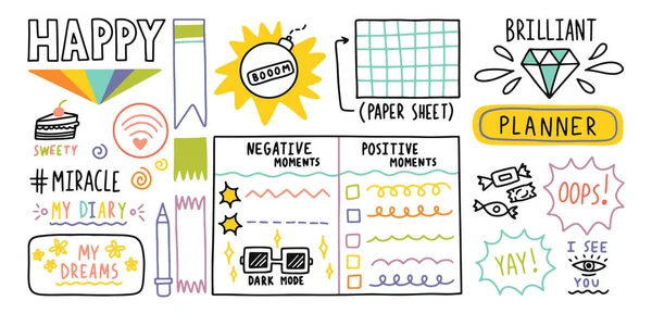 Bala de diário elementos de fronteira bonito diário. ícone de nota, adesivo para a escola — Vetor de Stock