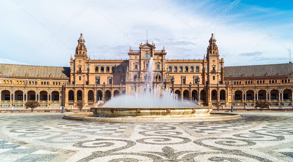 Front view of the main building of the Plaza de Espaa in Seville (Andalusia, Spain). Emblematic place of the city for its architectural beauty.