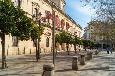 Sevilla Şehir Konseyi (Endülüs, İspanya). Turistler ve gezginler için sembolik yerlere giden yol işaretleri. Güneşli bir öğleden sonra güzel portakal ağaçları ile şehir merkezinin manzarası.