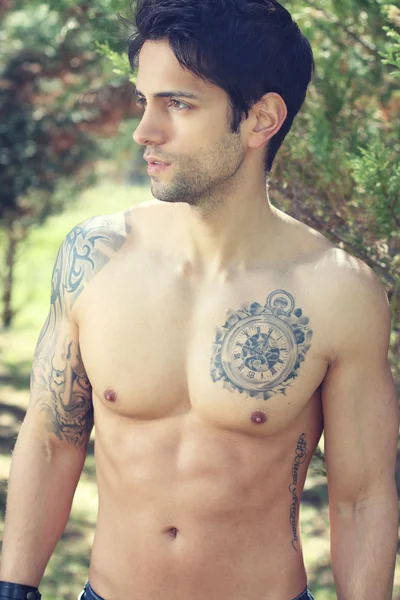 Uomo tatuato senza maglietta in posa in natura — Foto Stock