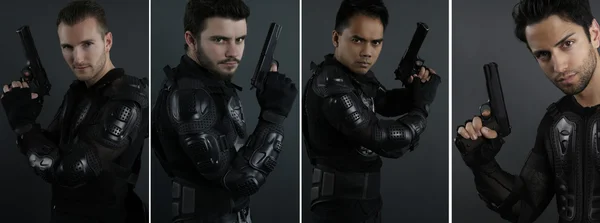 Super policías - retrato de cuatro hombres de las fuerzas especiales —  Fotos de Stock