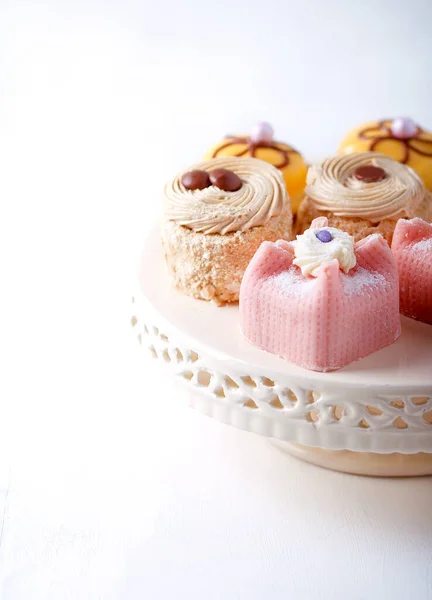 Petit Fours Luxury Cake Tray Light Background Copy Space — Stock Photo, Image