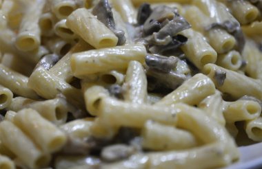 Makarna ve mantarlı Bershamel soslu makarna fotoğrafı. 