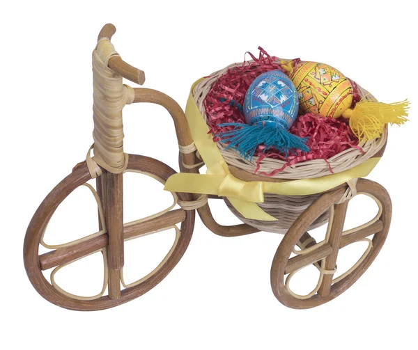 Easter bike with blue and yellow eggs — Stock Photo, Image