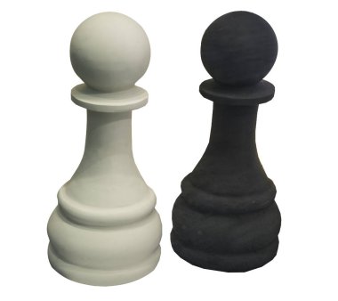 Beyaz arka planda izole edilmiş büyük siyah ve beyaz satranç piyonları.