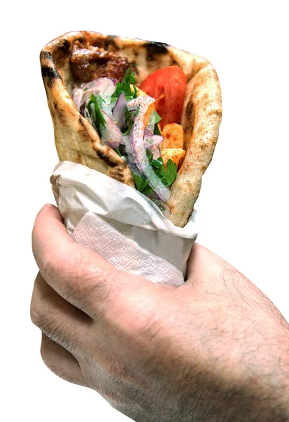 Souvlaki gyros grecki pita w rękach — Zdjęcie stockowe